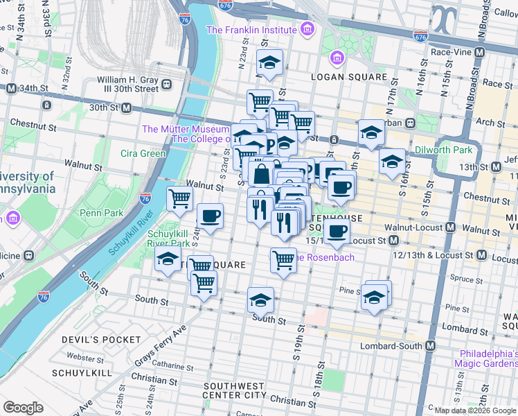 map of restaurants, bars, coffee shops, grocery stores, and more near 226 South 21st Street in Philadelphia
