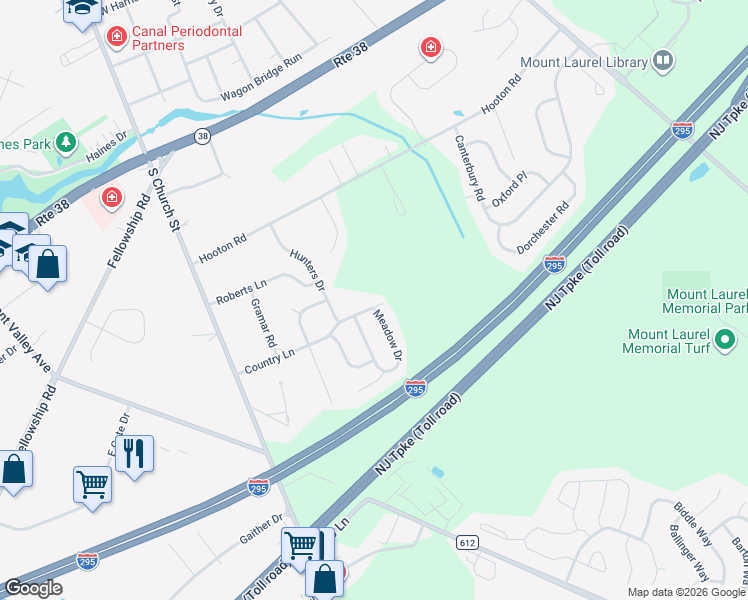 map of restaurants, bars, coffee shops, grocery stores, and more near 233 Meadow Drive in Mount Laurel Township