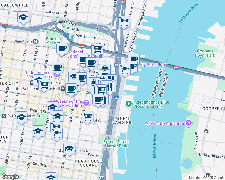 map of restaurants, bars, coffee shops, grocery stores, and more near 102 Church Street in Philadelphia