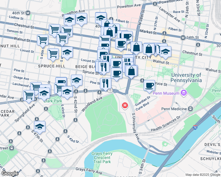 map of restaurants, bars, coffee shops, grocery stores, and more near 3935 Baltimore Avenue in Philadelphia
