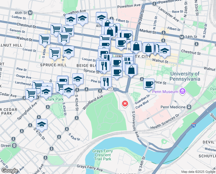 map of restaurants, bars, coffee shops, grocery stores, and more near 3949 Baltimore Avenue in Philadelphia