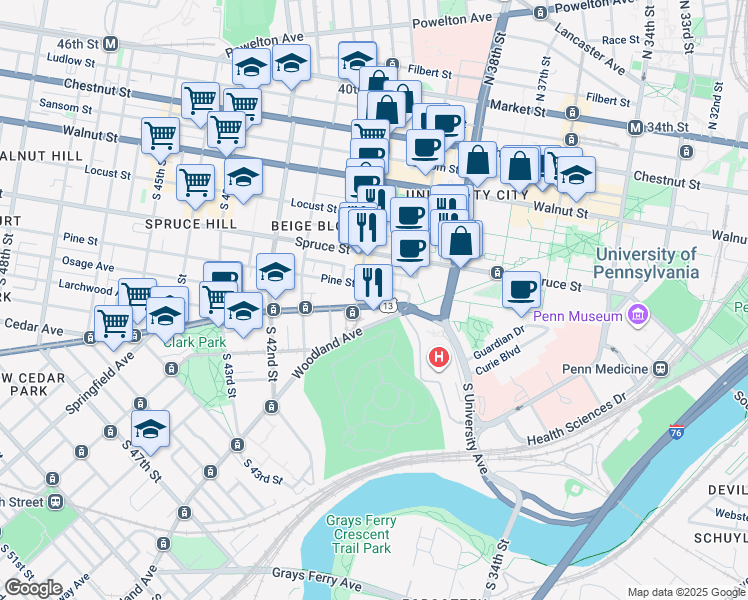map of restaurants, bars, coffee shops, grocery stores, and more near 3955 Baltimore Avenue in Philadelphia
