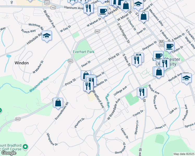 map of restaurants, bars, coffee shops, grocery stores, and more near 524 Sharpless Street in West Chester