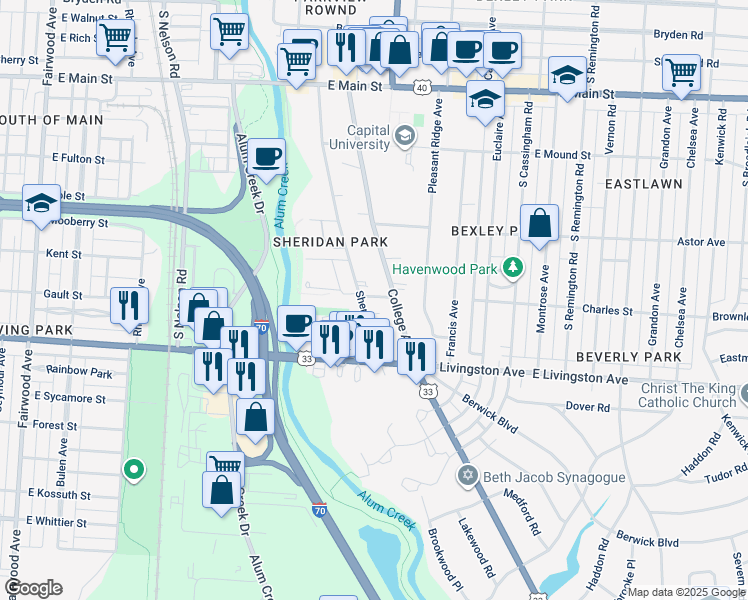 map of restaurants, bars, coffee shops, grocery stores, and more near 2203 Charles Street in Bexley