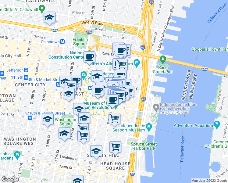 map of restaurants, bars, coffee shops, grocery stores, and more near Market Street & North 3rd Street in Philadelphia