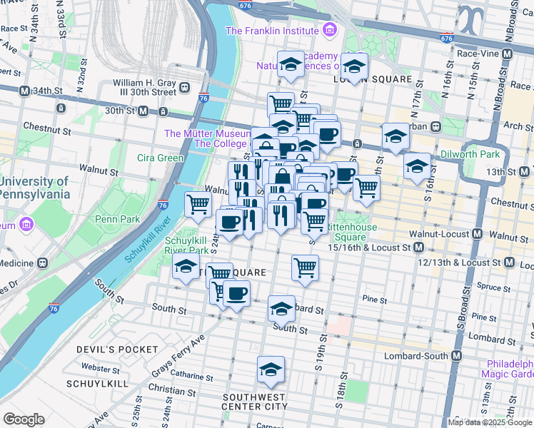 map of restaurants, bars, coffee shops, grocery stores, and more near 202-10 West Rittenhouse Square in Philadelphia