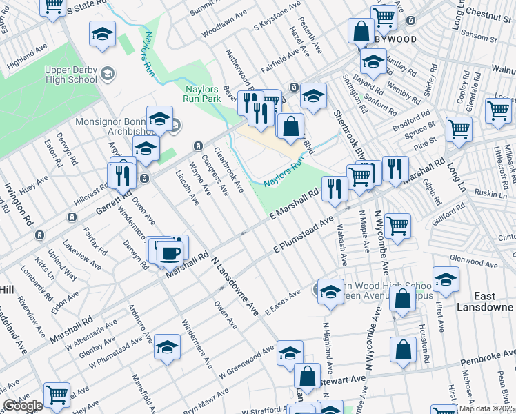 map of restaurants, bars, coffee shops, grocery stores, and more near 305 Congress Avenue in Lansdowne