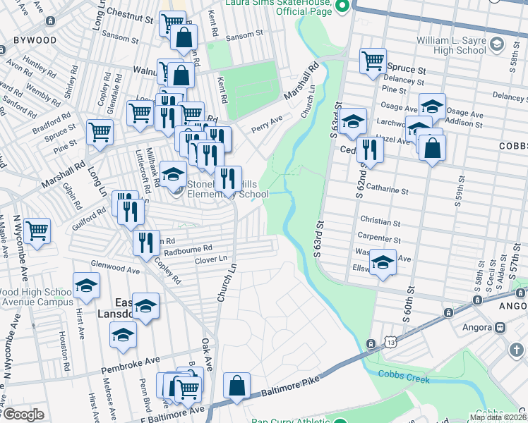 map of restaurants, bars, coffee shops, grocery stores, and more near 626 Briarcliff Road in Delaware County