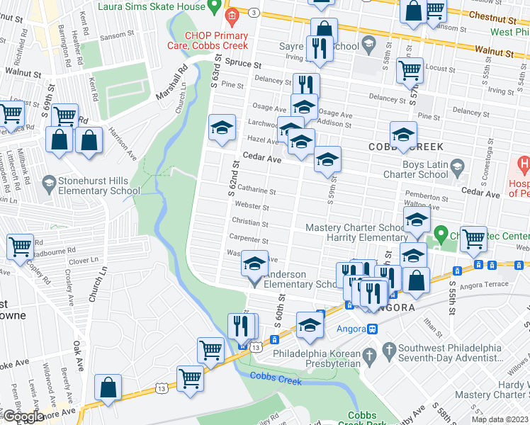 map of restaurants, bars, coffee shops, grocery stores, and more near 6058 Webster Street in Philadelphia
