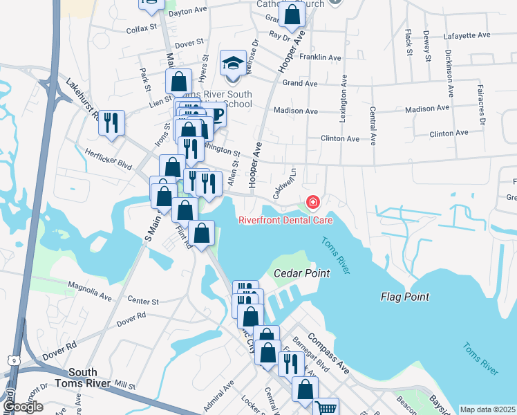 map of restaurants, bars, coffee shops, grocery stores, and more near 215 Spinnakers Cove Marina in Toms River