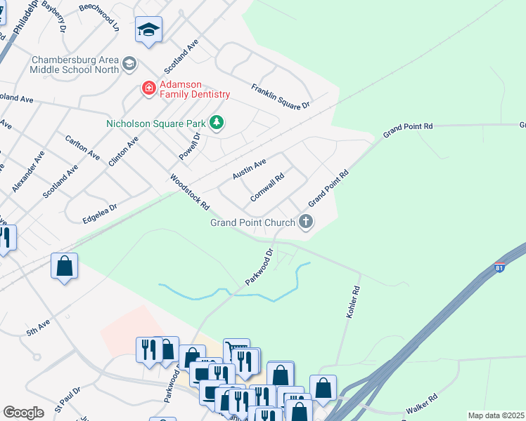 map of restaurants, bars, coffee shops, grocery stores, and more near 2383 Somerset Road in Chambersburg