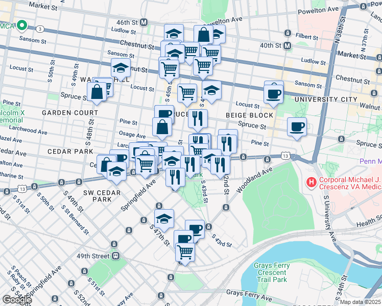 map of restaurants, bars, coffee shops, grocery stores, and more near 4323 Larchwood Ave in Philadelphia