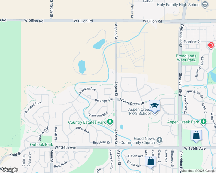 map of restaurants, bars, coffee shops, grocery stores, and more near 518 Rifle Way in Broomfield