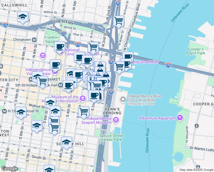 map of restaurants, bars, coffee shops, grocery stores, and more near 4 South Front Street in Philadelphia