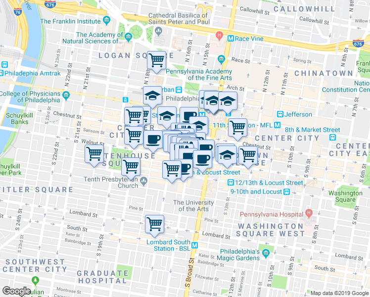 map of restaurants, bars, coffee shops, grocery stores, and more near 1508 Walnut Street in Philadelphia