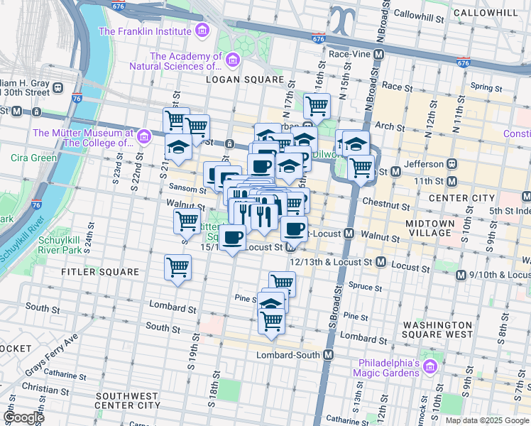 map of restaurants, bars, coffee shops, grocery stores, and more near 1705 Chancellor Street in Philadelphia