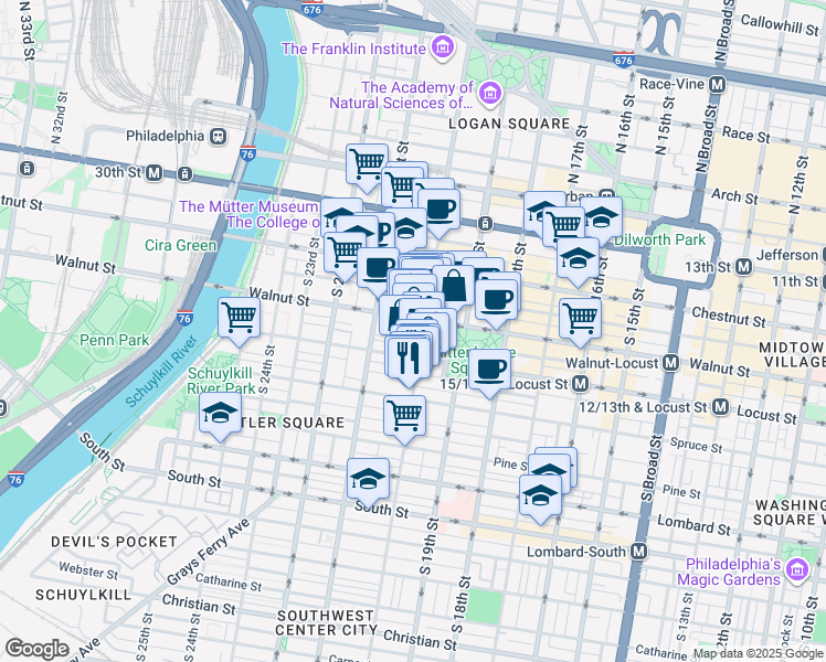map of restaurants, bars, coffee shops, grocery stores, and more near in Philadelphia