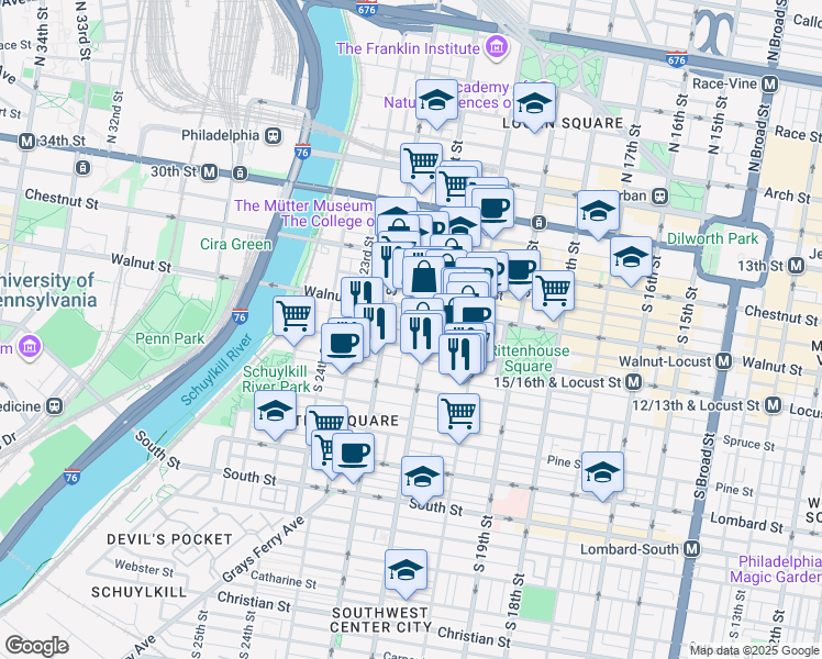 map of restaurants, bars, coffee shops, grocery stores, and more near 2122 Locust Street in Philadelphia