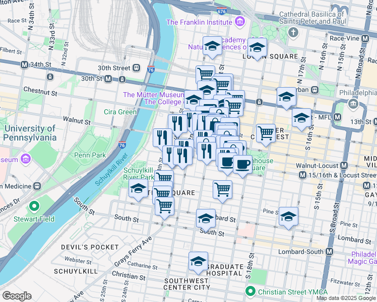 map of restaurants, bars, coffee shops, grocery stores, and more near 2122 Locust Street in Philadelphia