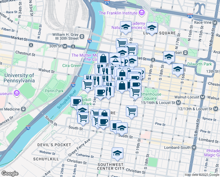 map of restaurants, bars, coffee shops, grocery stores, and more near 2202 Saint James Place in Philadelphia