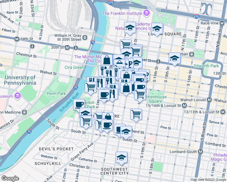 map of restaurants, bars, coffee shops, grocery stores, and more near in Philadelphia