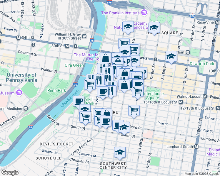 map of restaurants, bars, coffee shops, grocery stores, and more near in Philadelphia