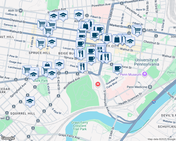 map of restaurants, bars, coffee shops, grocery stores, and more near in Philadelphia