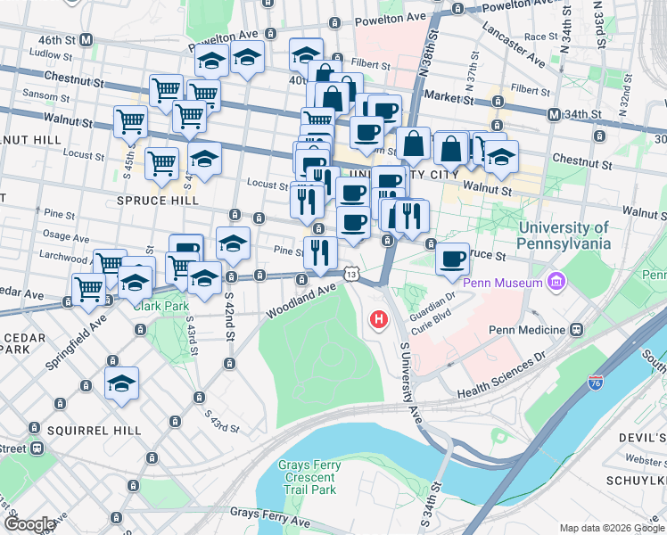 map of restaurants, bars, coffee shops, grocery stores, and more near 3923 Woodland Avenue in Philadelphia