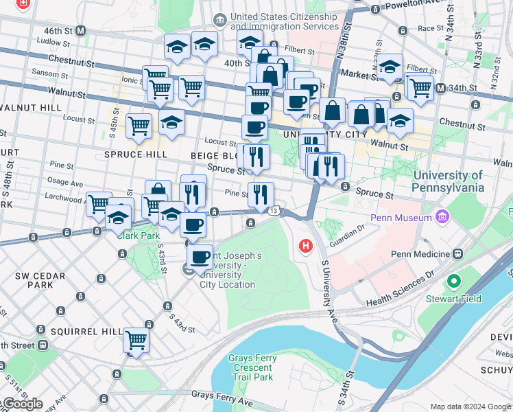 map of restaurants, bars, coffee shops, grocery stores, and more near 3923 Woodland Avenue in Philadelphia