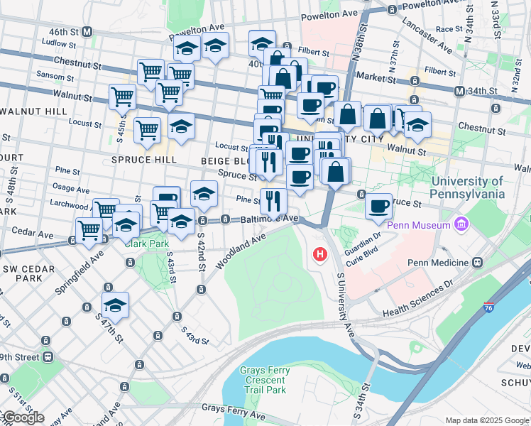 map of restaurants, bars, coffee shops, grocery stores, and more near 3923 Woodland Avenue in Philadelphia