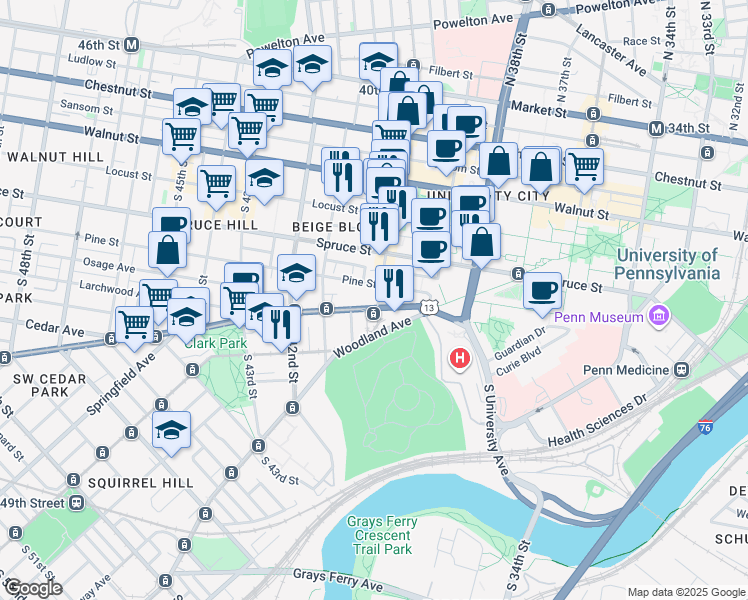 map of restaurants, bars, coffee shops, grocery stores, and more near in Philadelphia