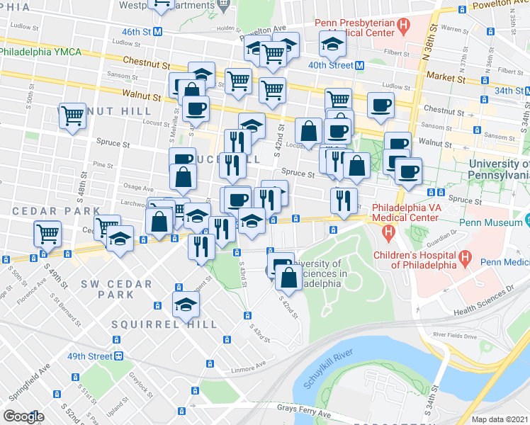 map of restaurants, bars, coffee shops, grocery stores, and more near 505 South 42nd Street in Philadelphia