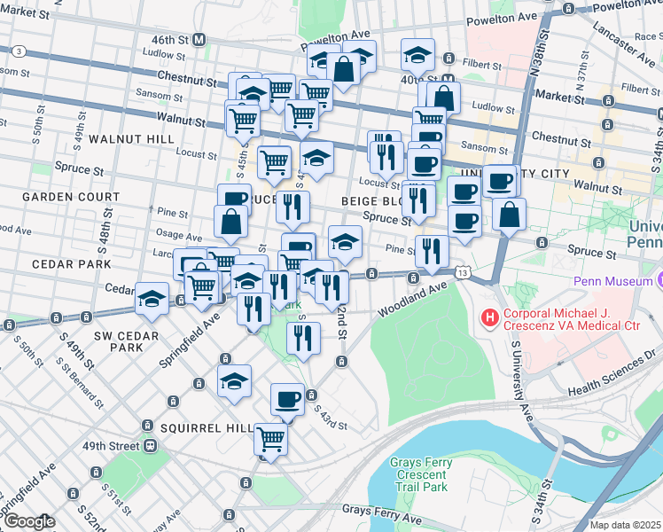 map of restaurants, bars, coffee shops, grocery stores, and more near 505 South 42nd Street in Philadelphia