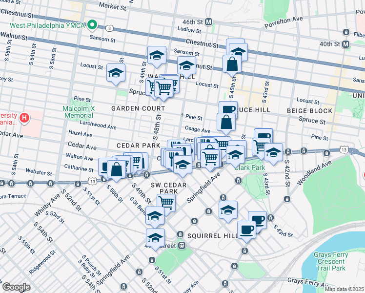 map of restaurants, bars, coffee shops, grocery stores, and more near 4623 Cedar Avenue in Philadelphia