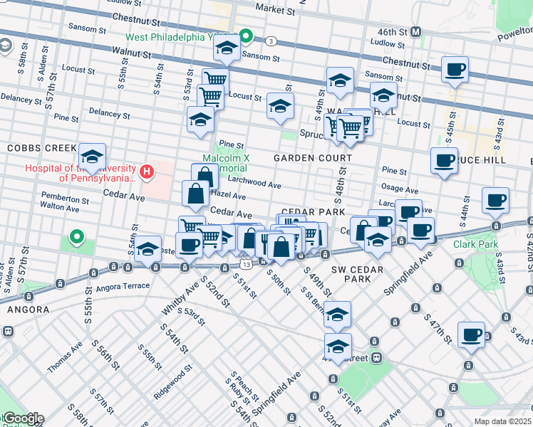 map of restaurants, bars, coffee shops, grocery stores, and more near 5011 Walton Avenue in Philadelphia