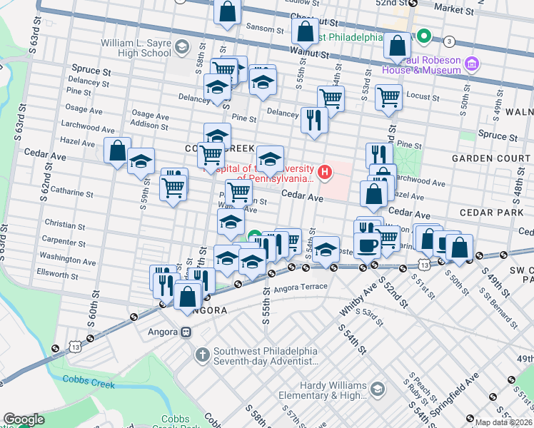 map of restaurants, bars, coffee shops, grocery stores, and more near 5522 Catharine Street in Philadelphia
