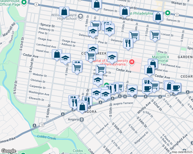 map of restaurants, bars, coffee shops, grocery stores, and more near 720 South 56th Street in Philadelphia