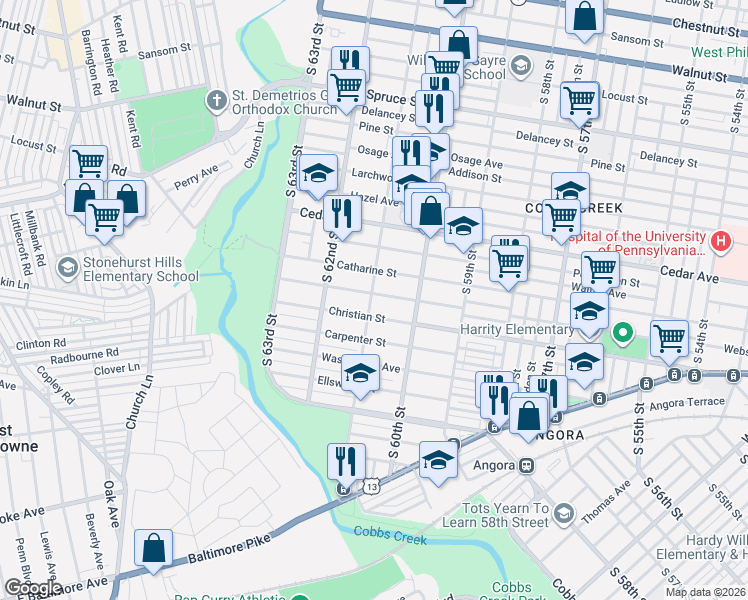 map of restaurants, bars, coffee shops, grocery stores, and more near 6028 Christian Street in Philadelphia