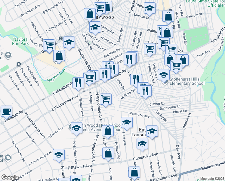 map of restaurants, bars, coffee shops, grocery stores, and more near 22 Springton Road in Delaware County