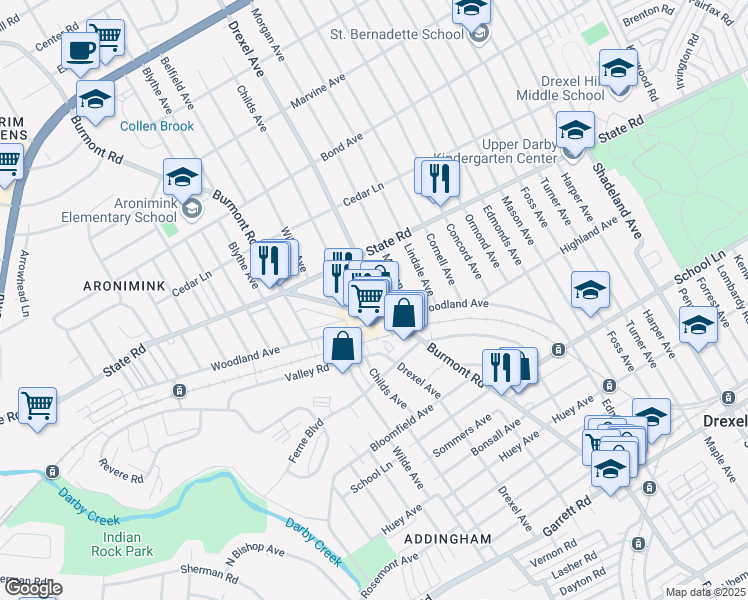 map of restaurants, bars, coffee shops, grocery stores, and more near 4300 Woodland Avenue in Drexel Hill