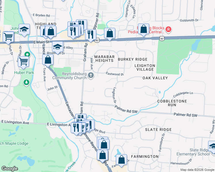 map of restaurants, bars, coffee shops, grocery stores, and more near 7684 Godfrey Circle in Reynoldsburg