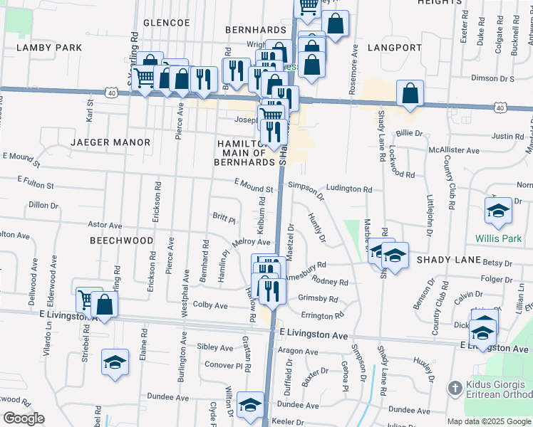 map of restaurants, bars, coffee shops, grocery stores, and more near 1247 South Hamilton Road in Columbus