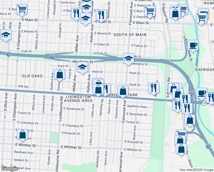 map of restaurants, bars, coffee shops, grocery stores, and more near 1566 Newton Street in Columbus
