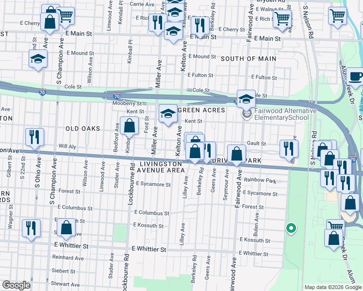 map of restaurants, bars, coffee shops, grocery stores, and more near 1444 East Livingston Avenue in Columbus