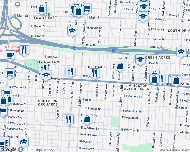 map of restaurants, bars, coffee shops, grocery stores, and more near 1121 East Livingston Avenue in Columbus
