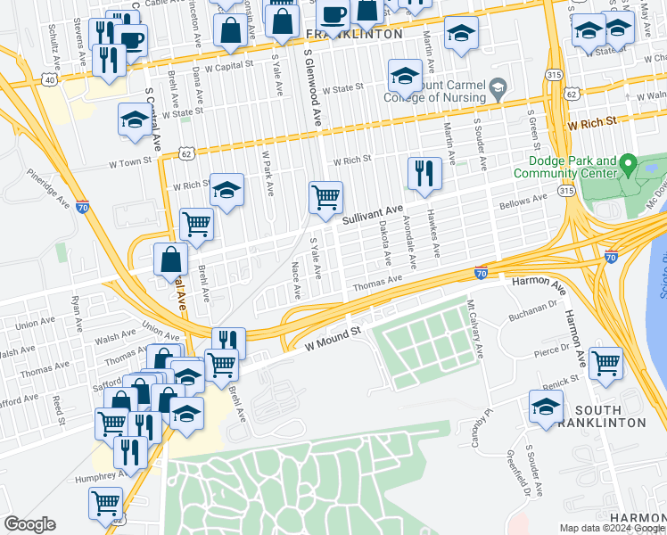 map of restaurants, bars, coffee shops, grocery stores, and more near 446 South Yale Avenue in Columbus