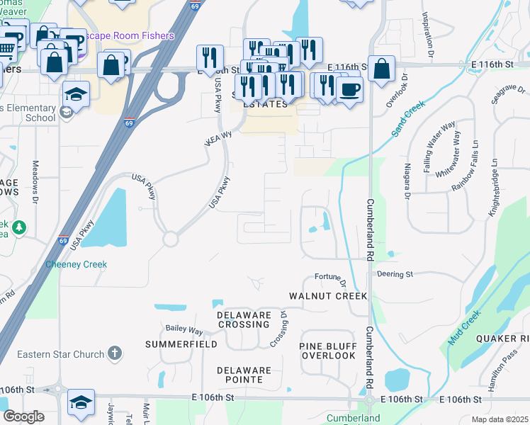 map of restaurants, bars, coffee shops, grocery stores, and more near 11082 Timberview Drive in Fishers