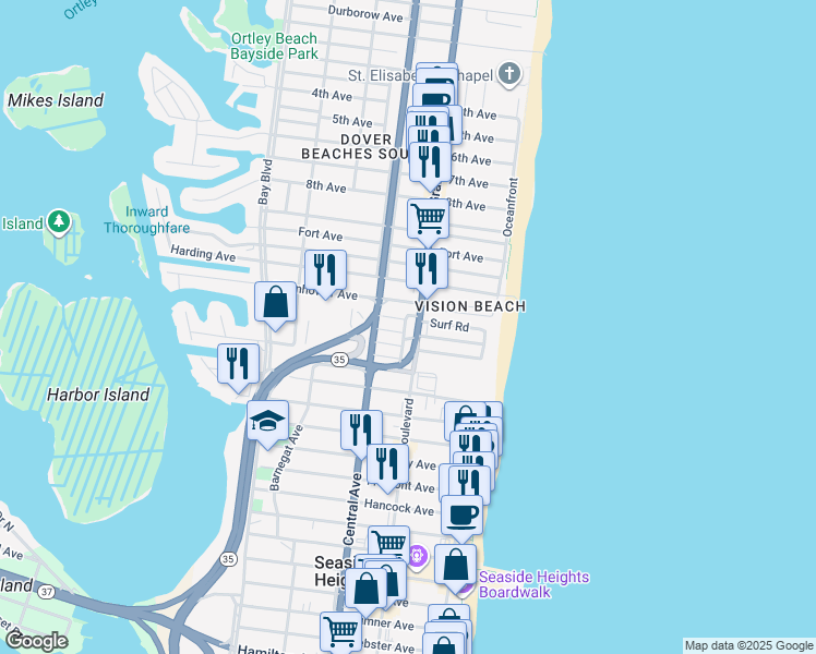 map of restaurants, bars, coffee shops, grocery stores, and more near 101 Dolphin Drive in Seaside Heights
