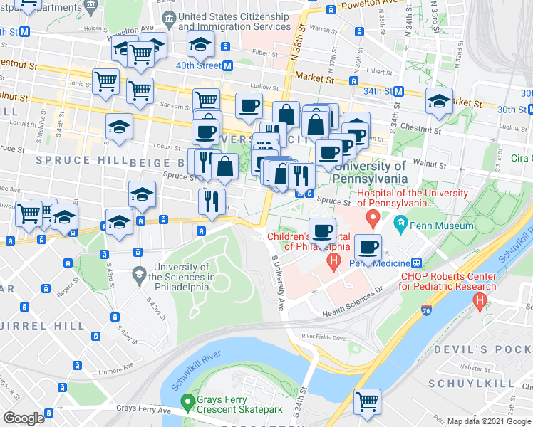 map of restaurants, bars, coffee shops, grocery stores, and more near S 38th St & Hamilton Walk in Philadelphia