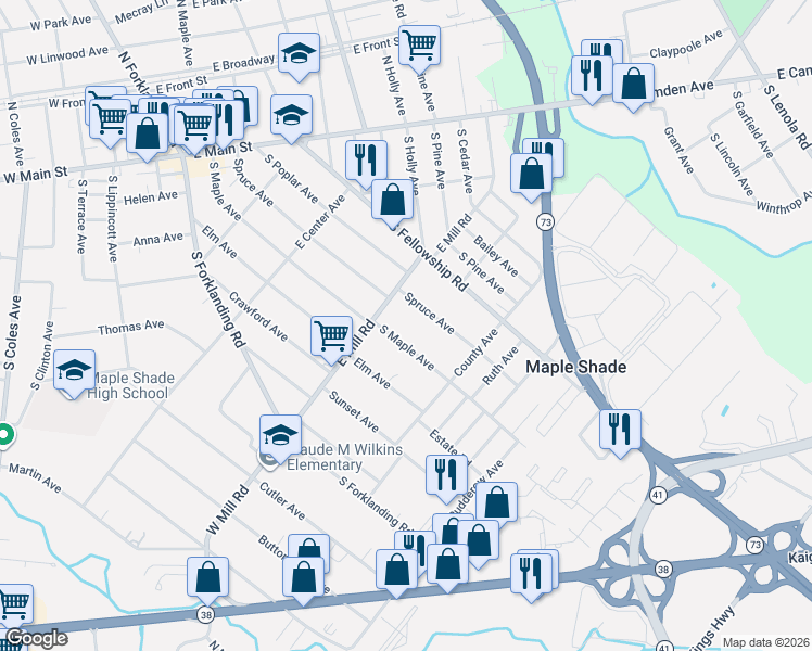 map of restaurants, bars, coffee shops, grocery stores, and more near 343 South Maple Avenue in Maple Shade